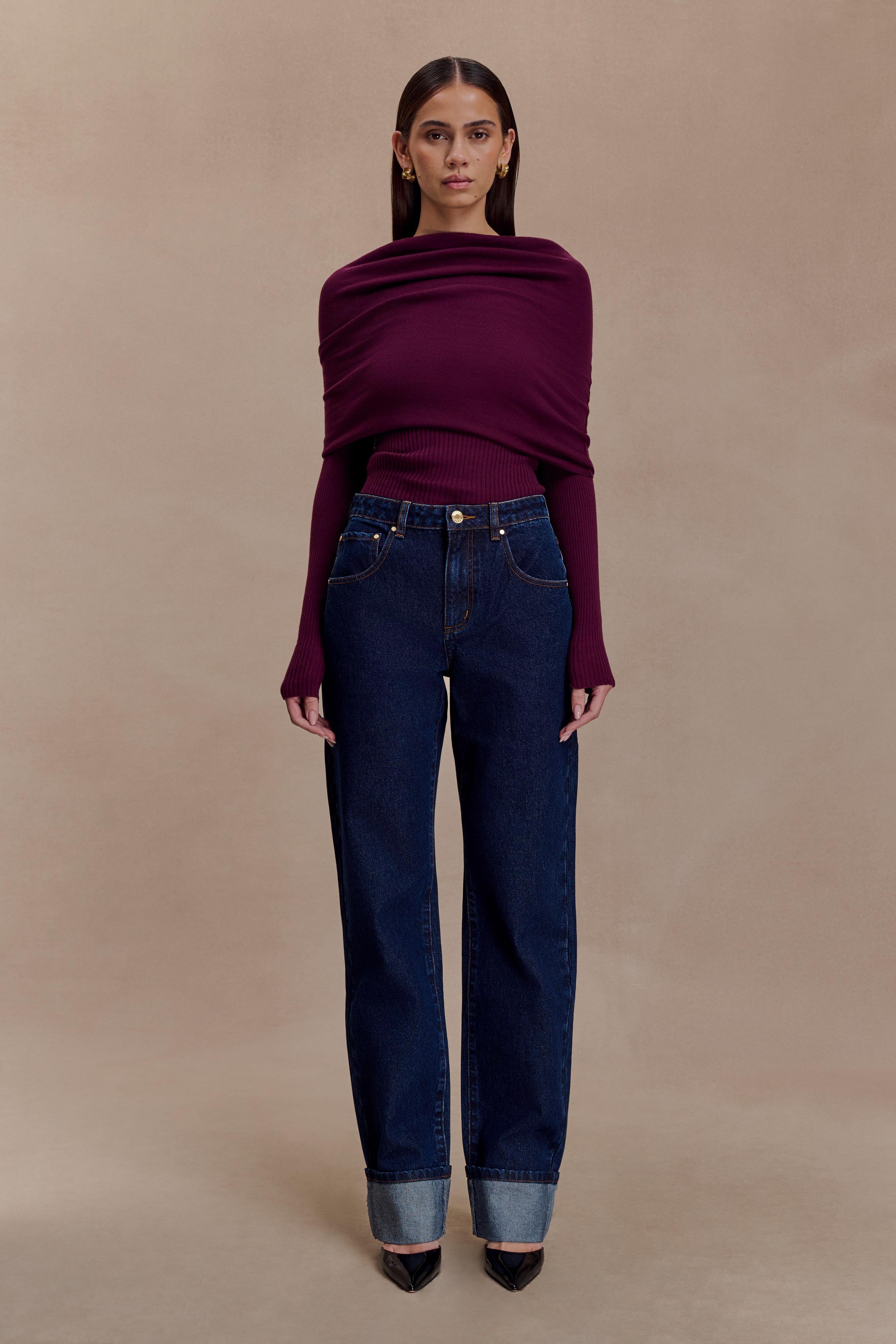 Ciedera Asymetrical Cashmere Blend Long Sleeve Knit Top Bordeaux