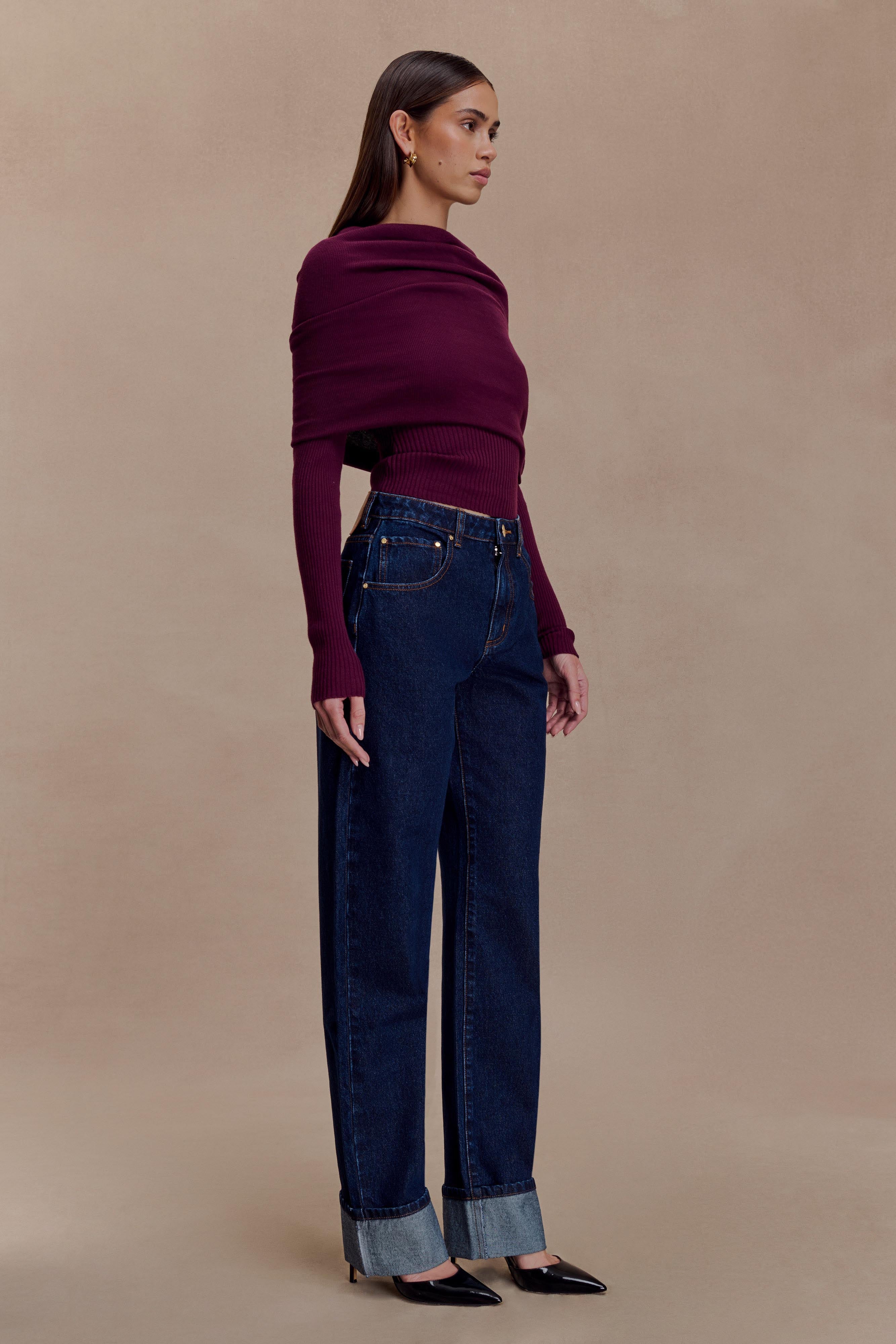 Ciedera Asymetrical Cashmere Blend Long Sleeve Knit Top Bordeaux