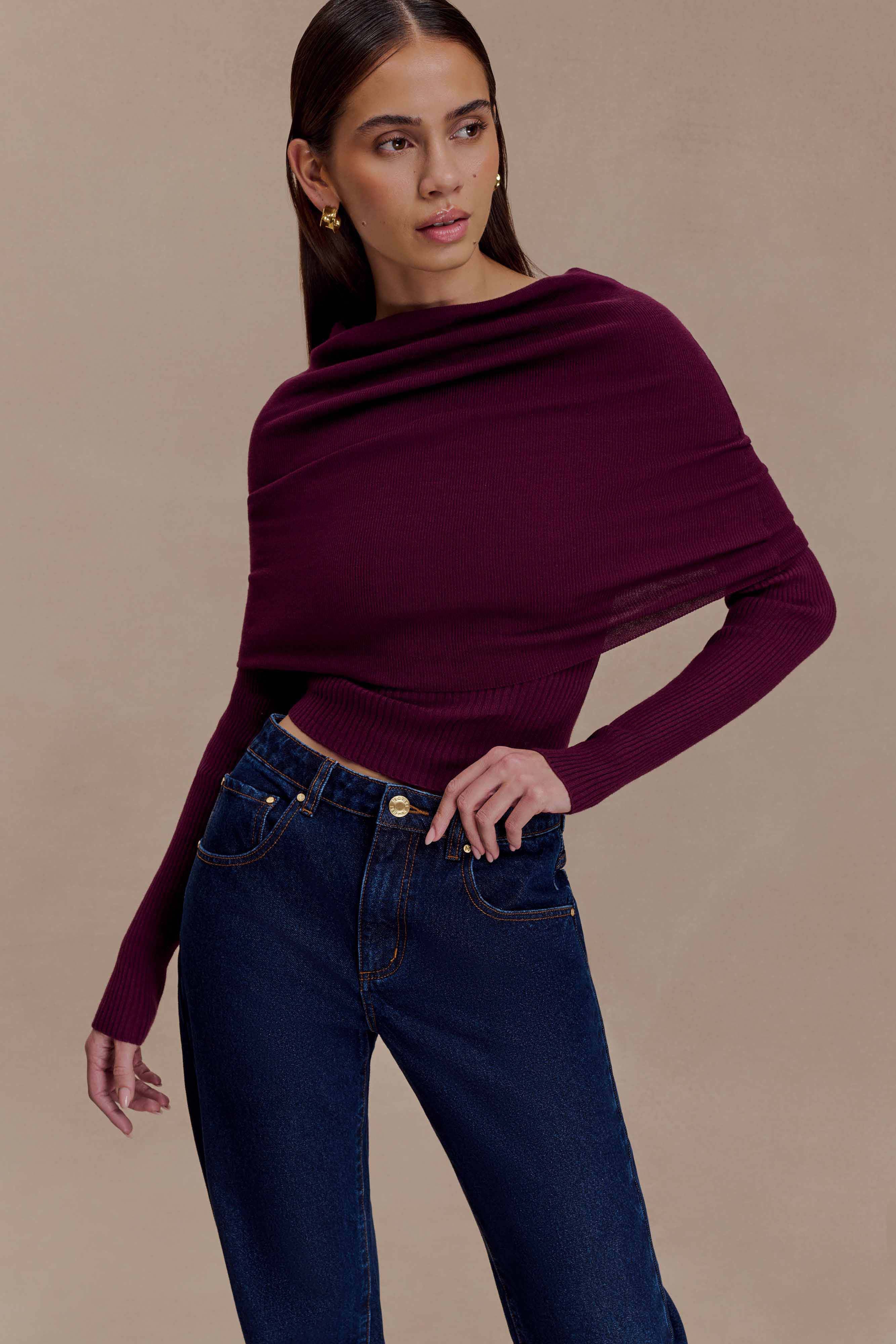 Ciedera Asymetrical Cashmere Blend Long Sleeve Knit Top Bordeaux