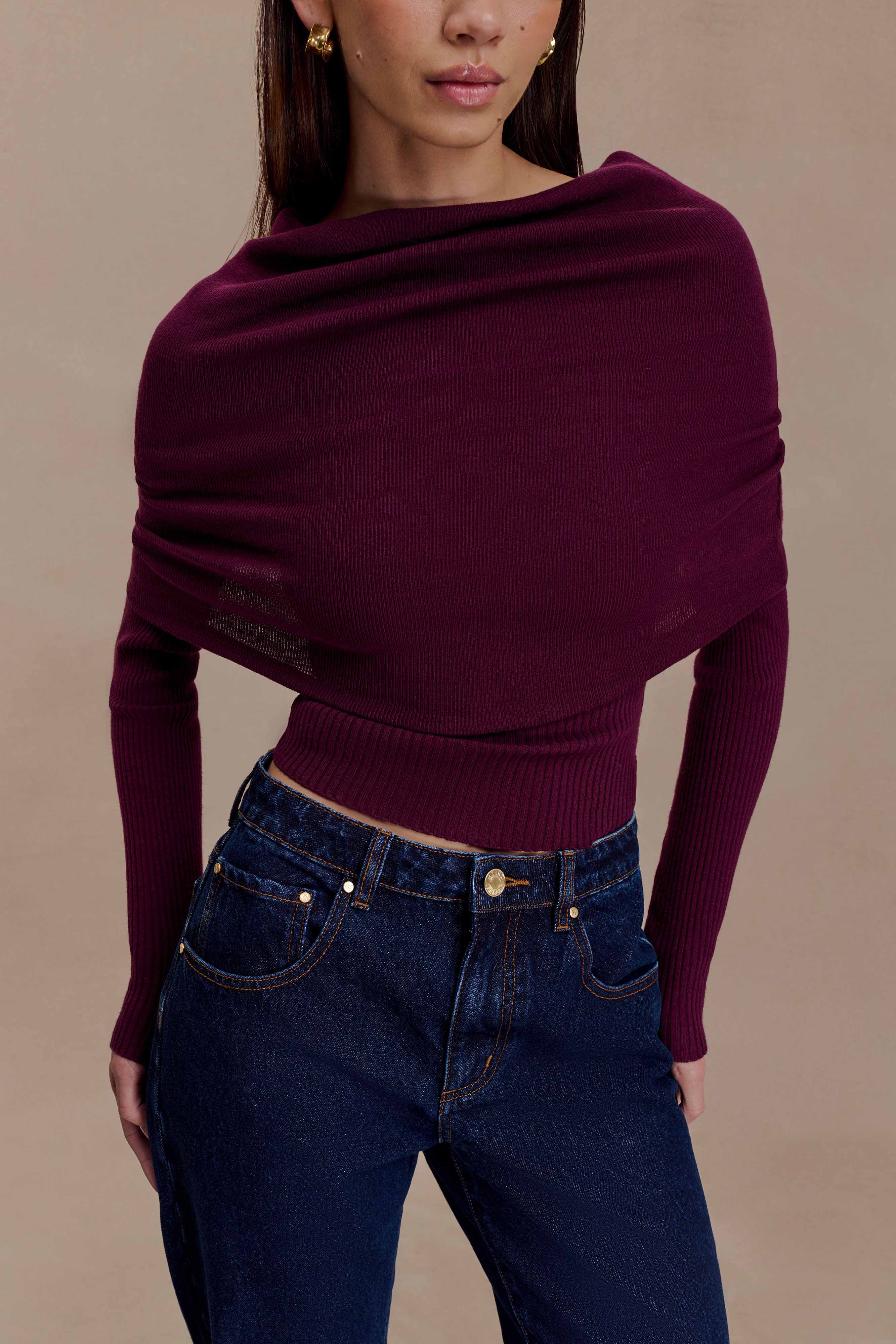 Ciedera Asymetrical Cashmere Blend Long Sleeve Knit Top Bordeaux