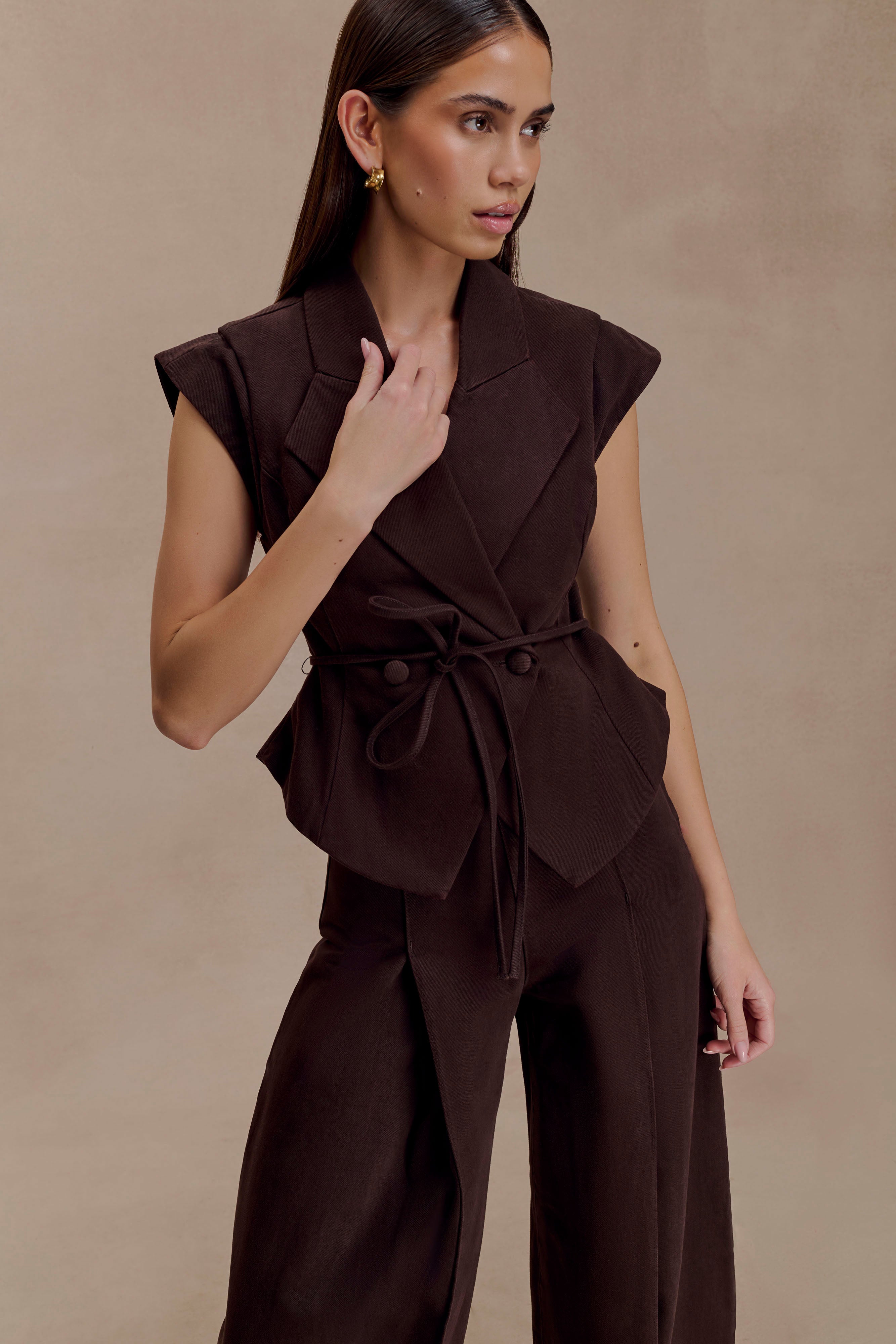 Ciedera Structured Tie Denim Top Chocolate