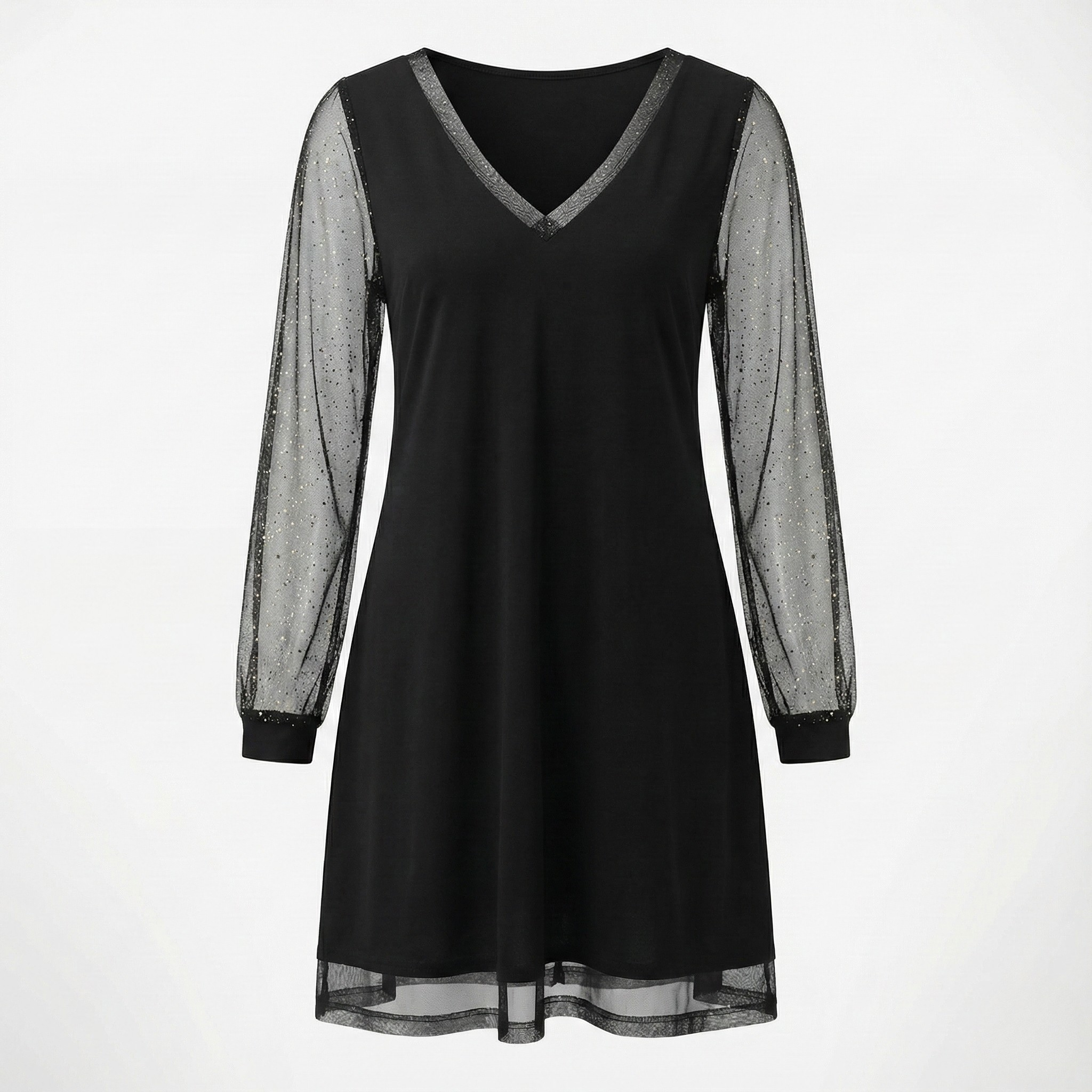 Sheer-Sleeve Sparkle Trim Dress