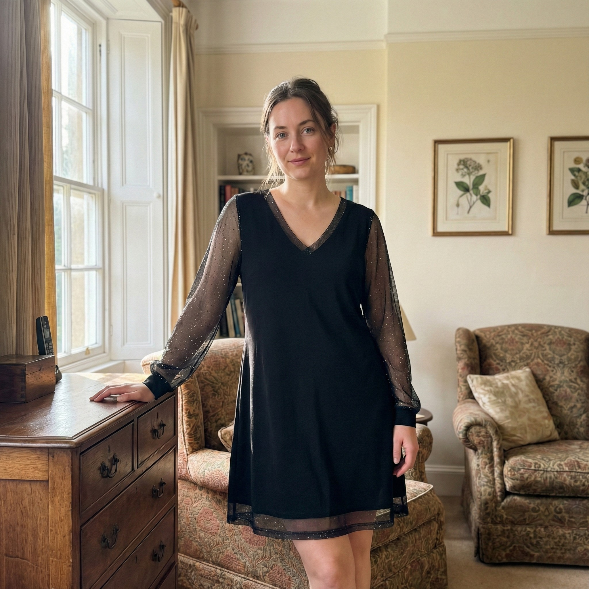 Sheer-Sleeve Sparkle Trim Dress