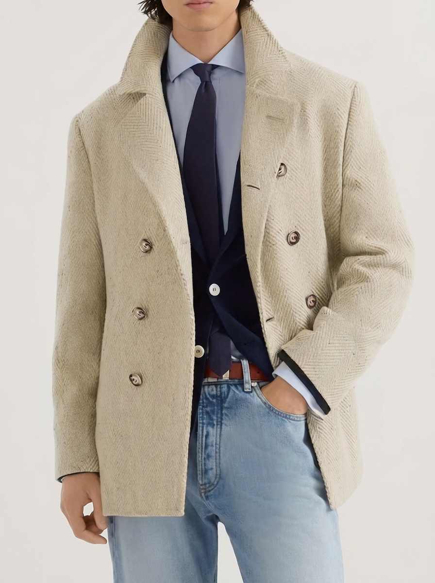 Trenton Herringbone Double-Breasted Wool Coat