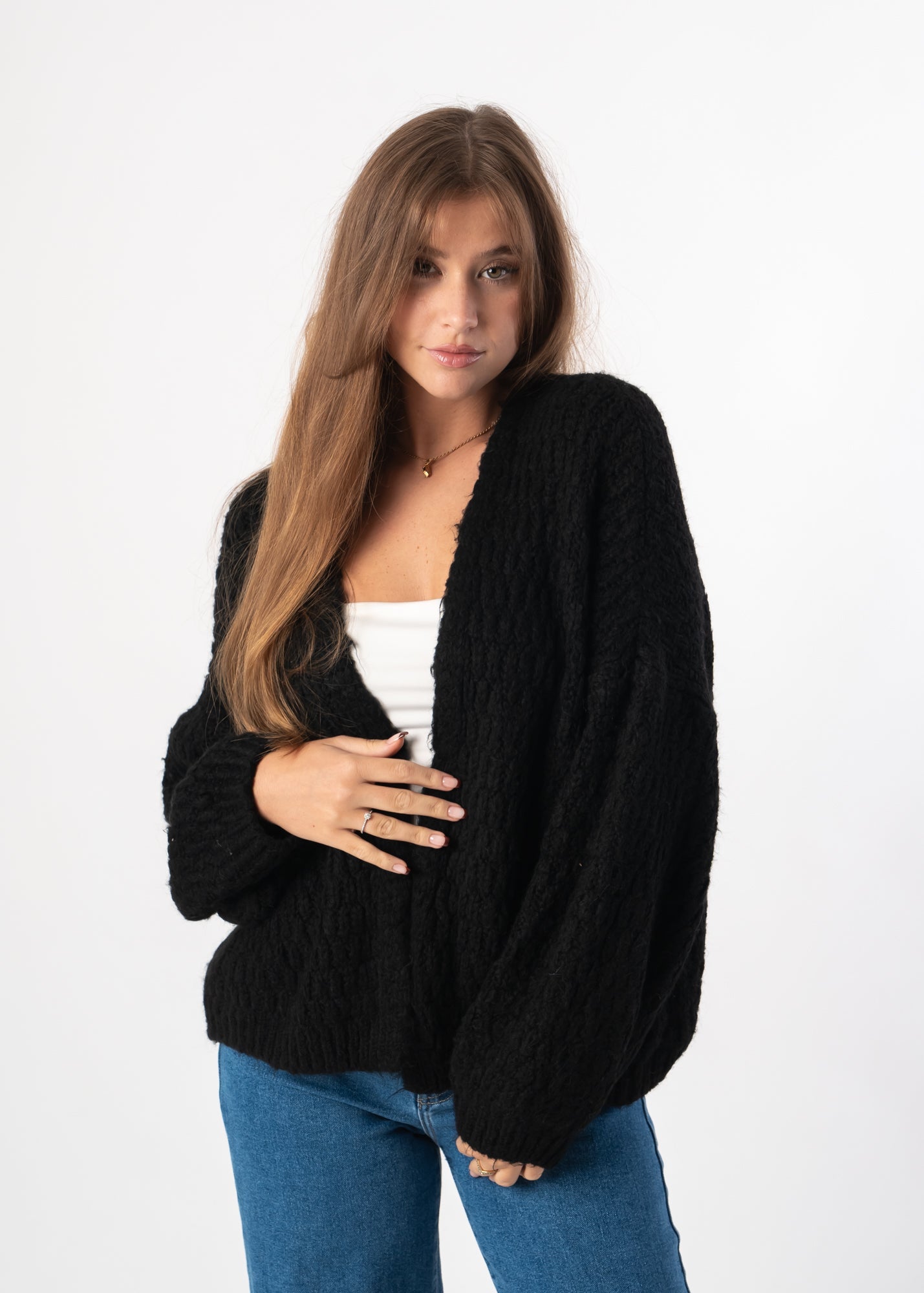 Open-Front Braided Cardigan Black