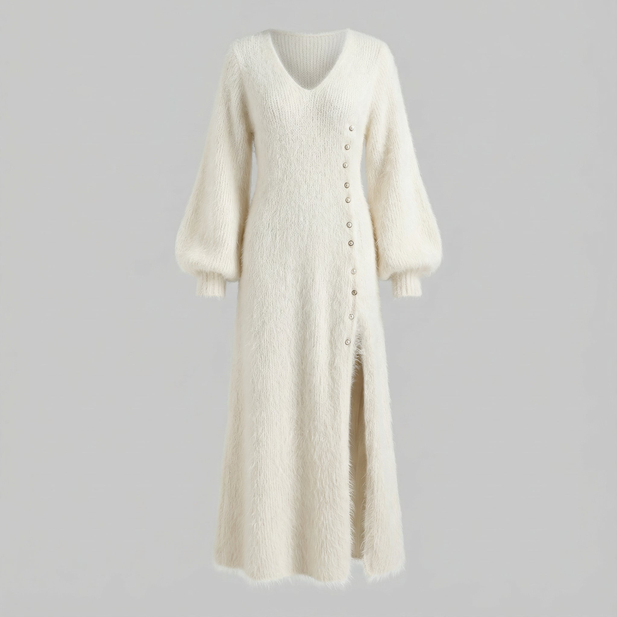 Luxe Fuzzy Button-Detail Maxi Dress