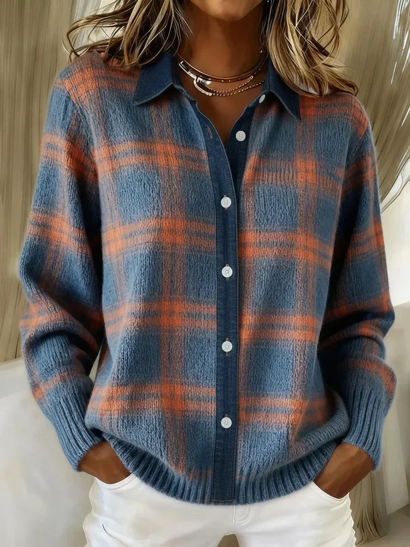 Plaid Button-Up Knit Cardigan