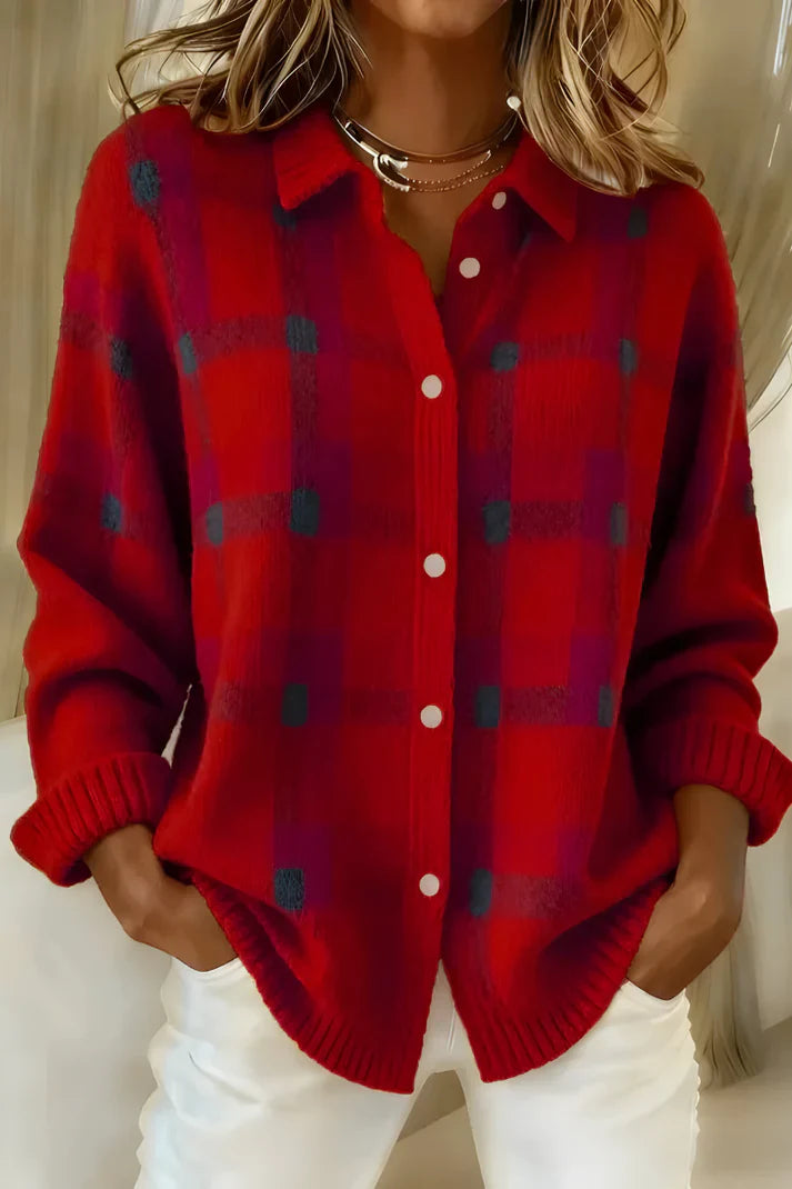 Plaid Button-Up Knit Cardigan