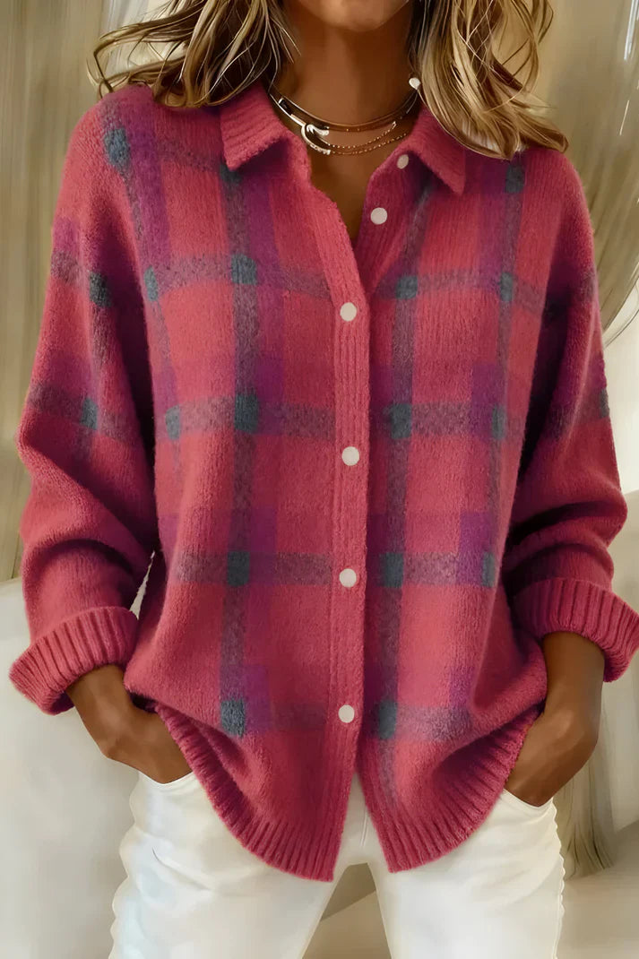 Plaid Button-Up Knit Cardigan