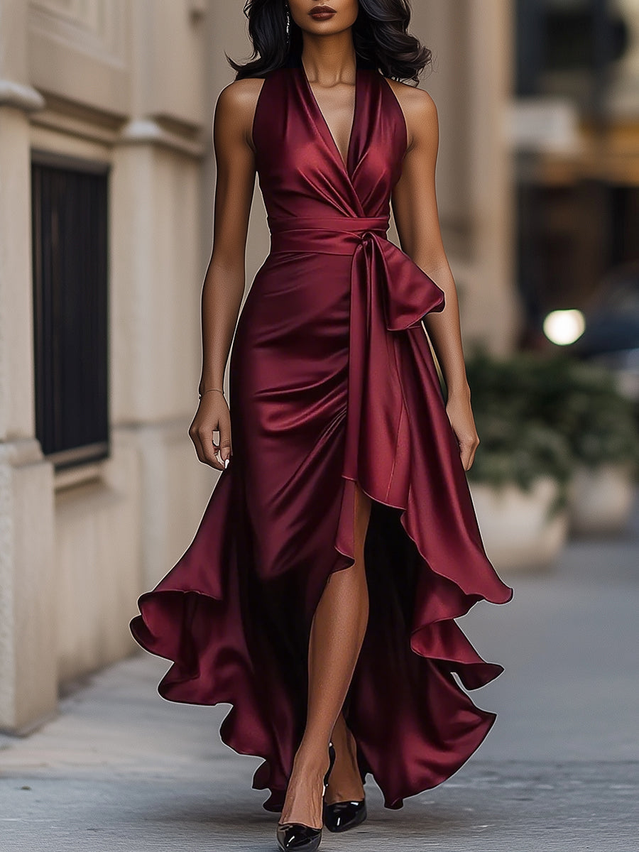 Satin Midnight Elegance Wrap Gown