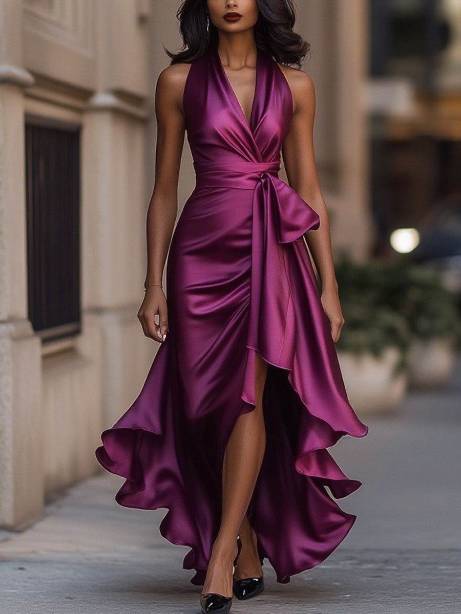 Satin Midnight Elegance Wrap Gown