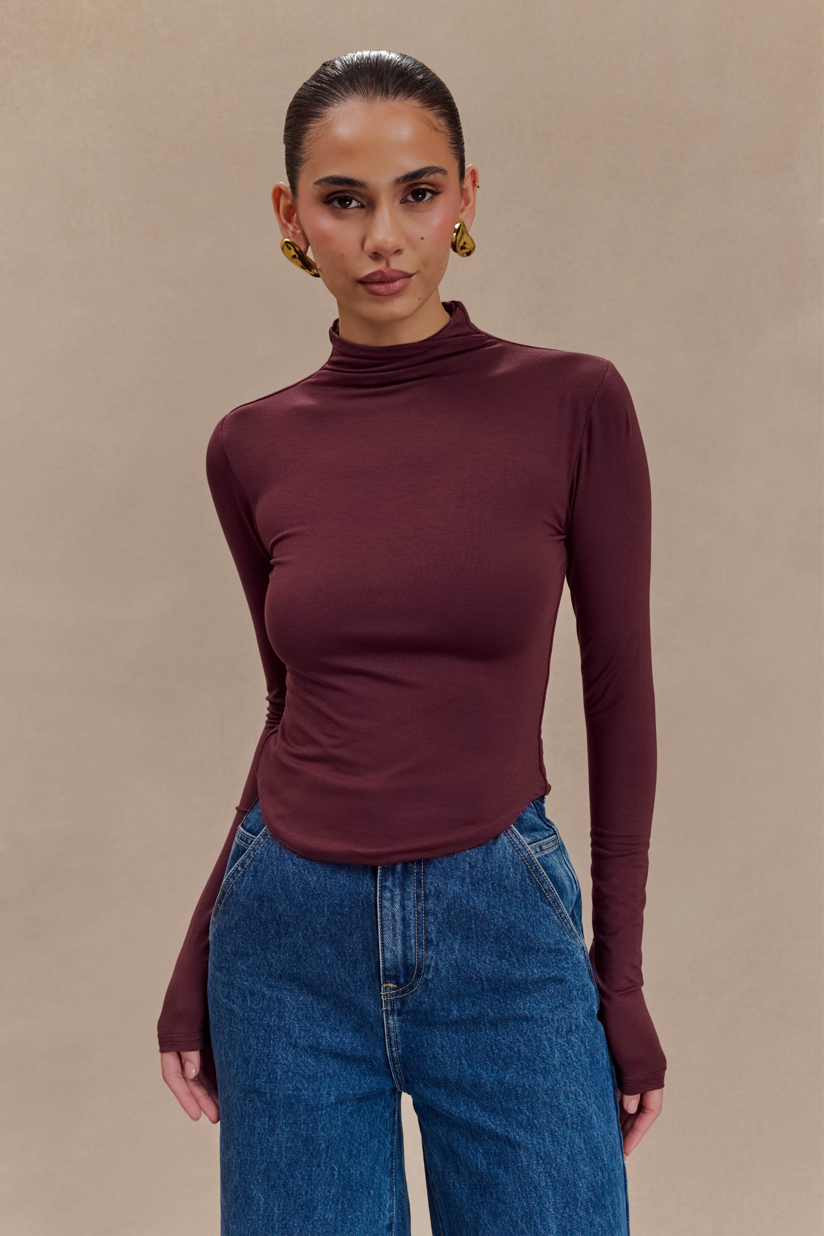 Ciedera Modal Long Sleeve High Neck Top Burgundy