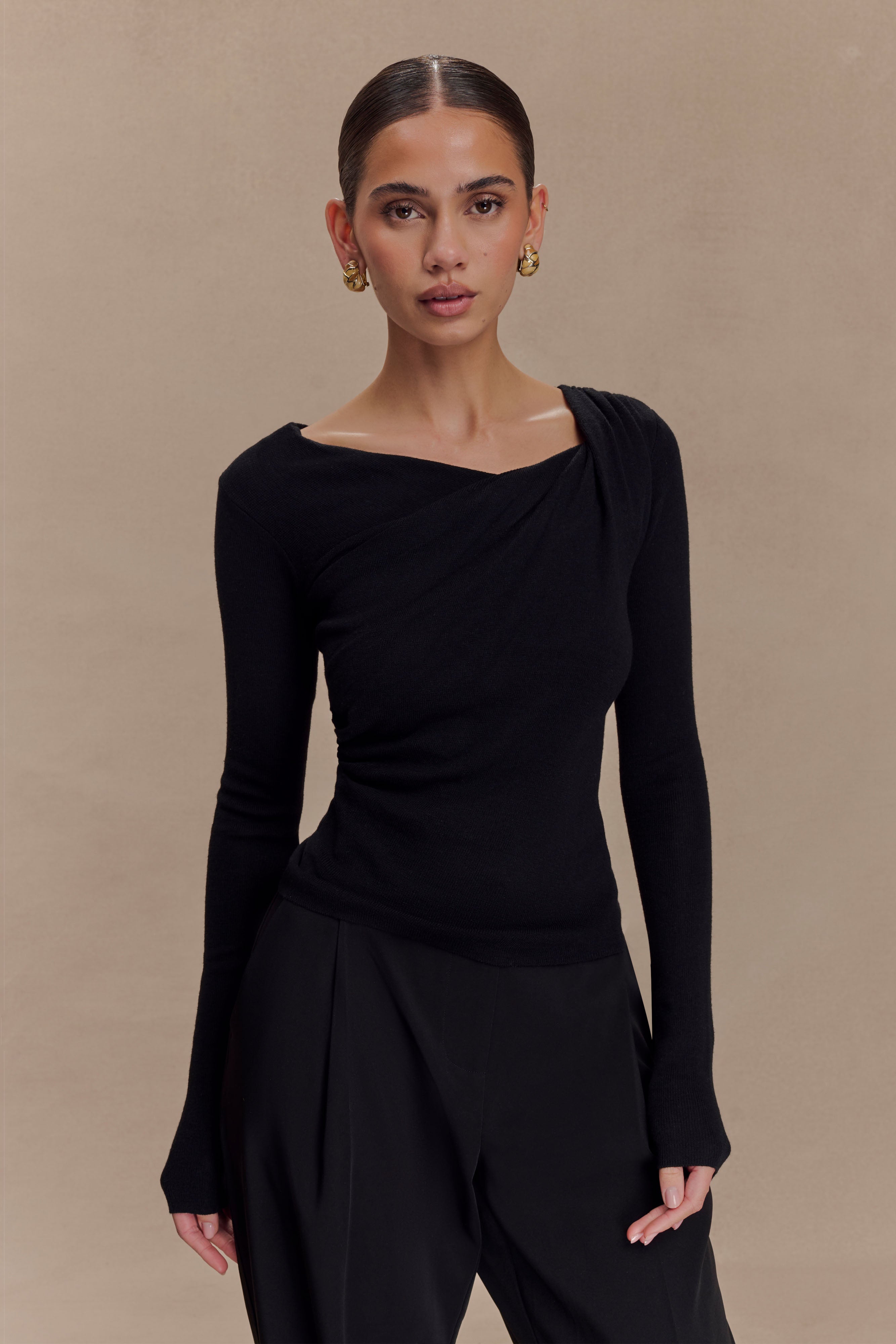 Ciedera Draped Twist Knit Top Black