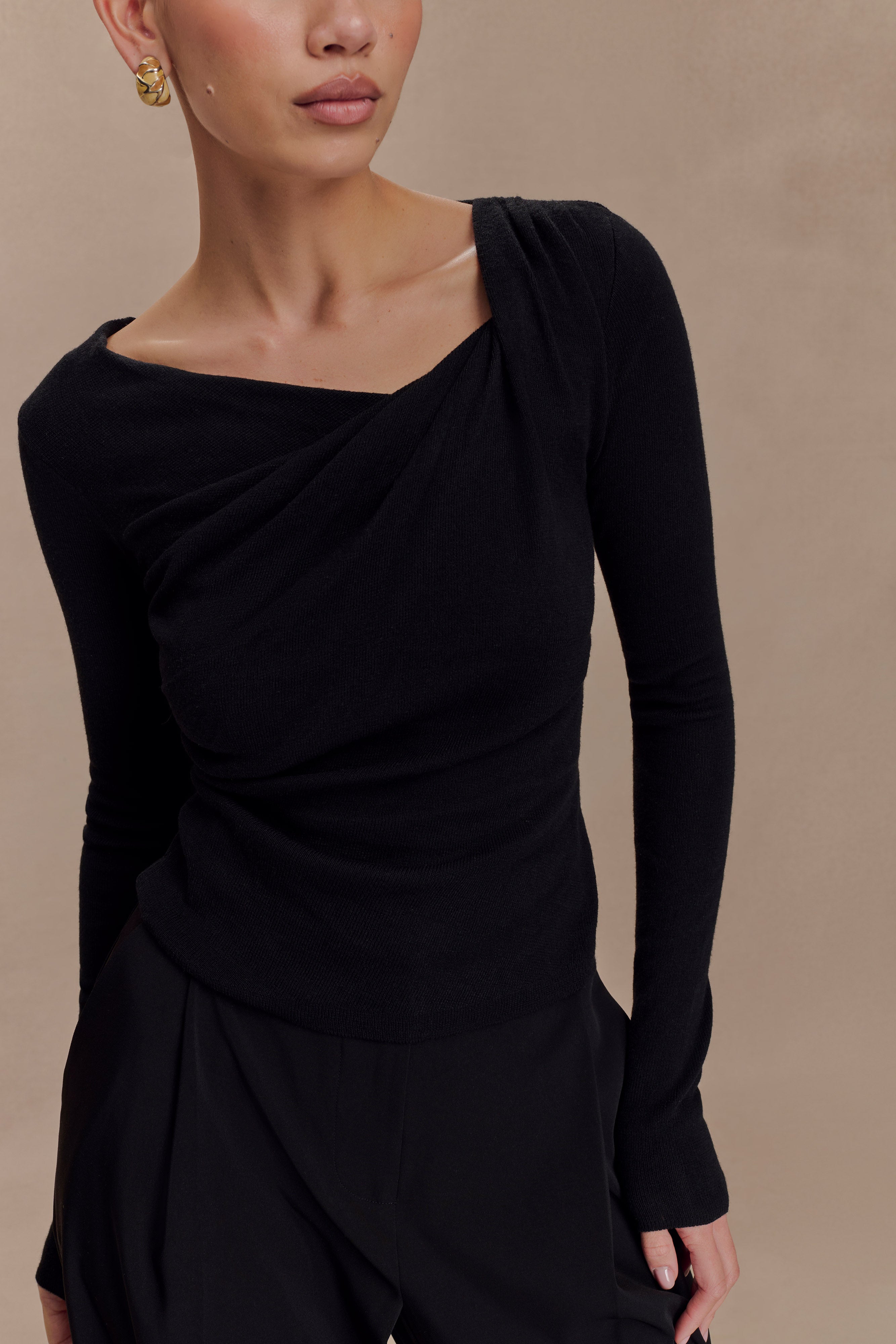 Ciedera Draped Twist Knit Top Black