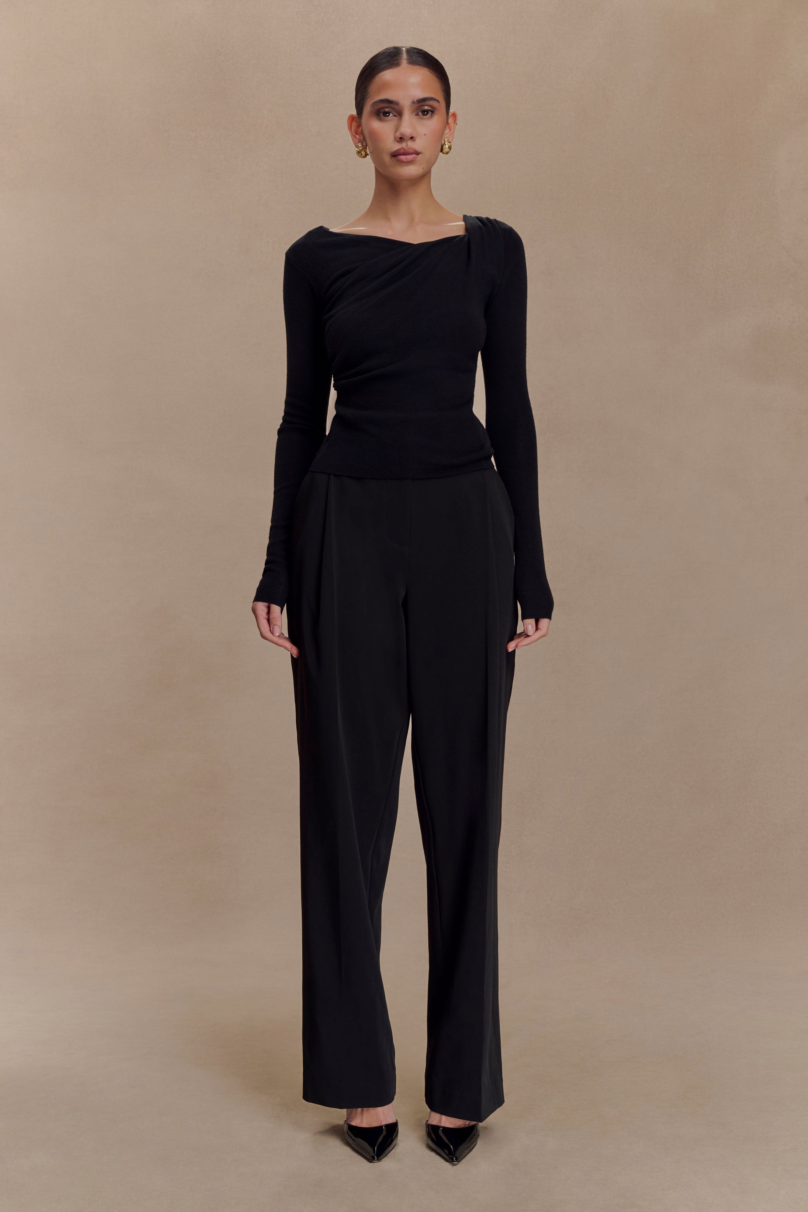 Ciedera Draped Twist Knit Top Black