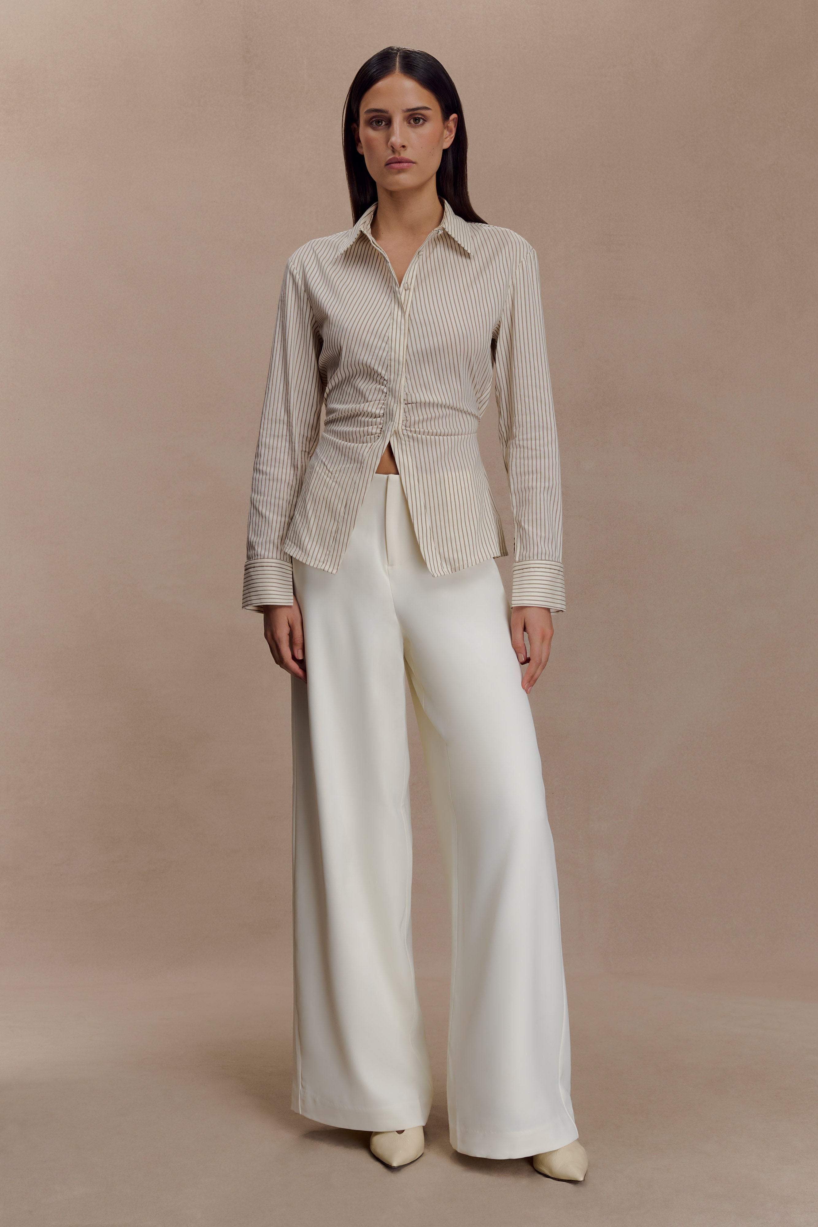 Ciedera Tie Back Cotton Shirt Beige Pinstripe