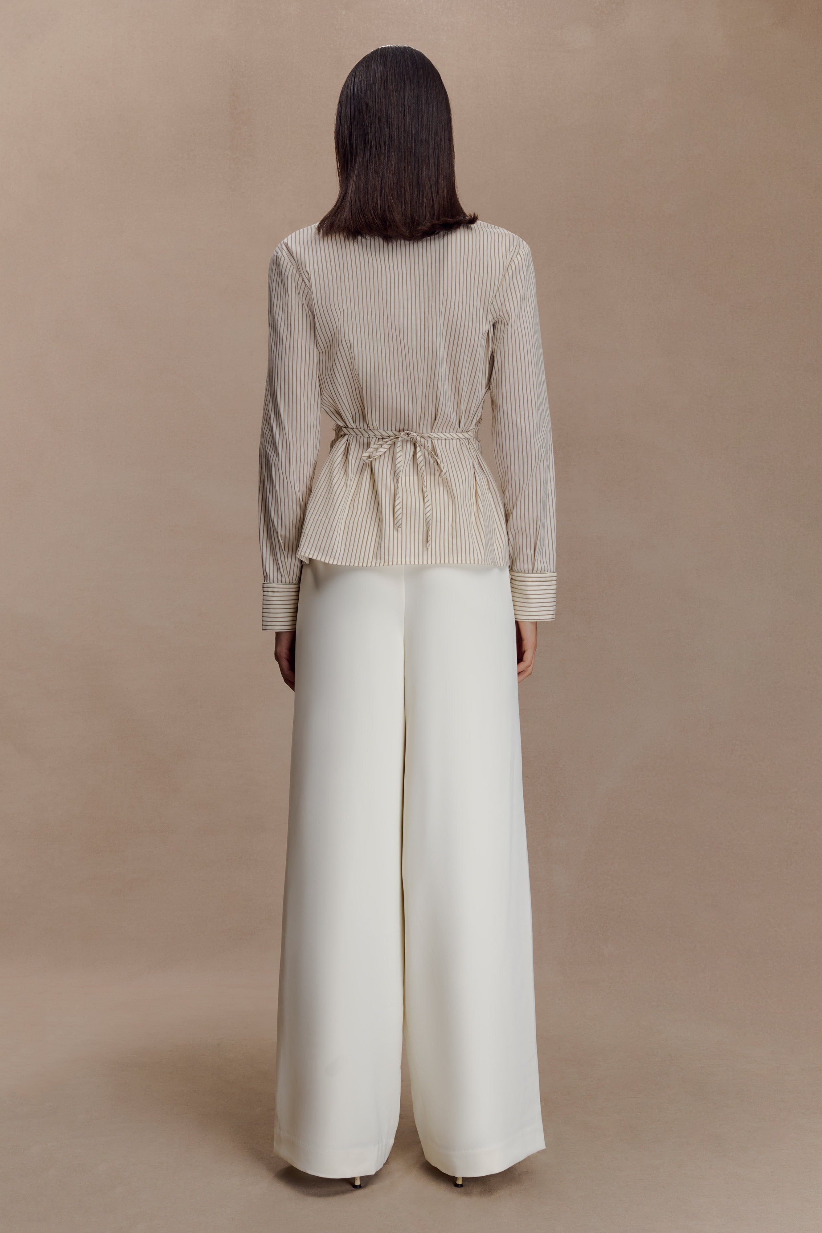 Ciedera Tie Back Cotton Shirt Beige Pinstripe