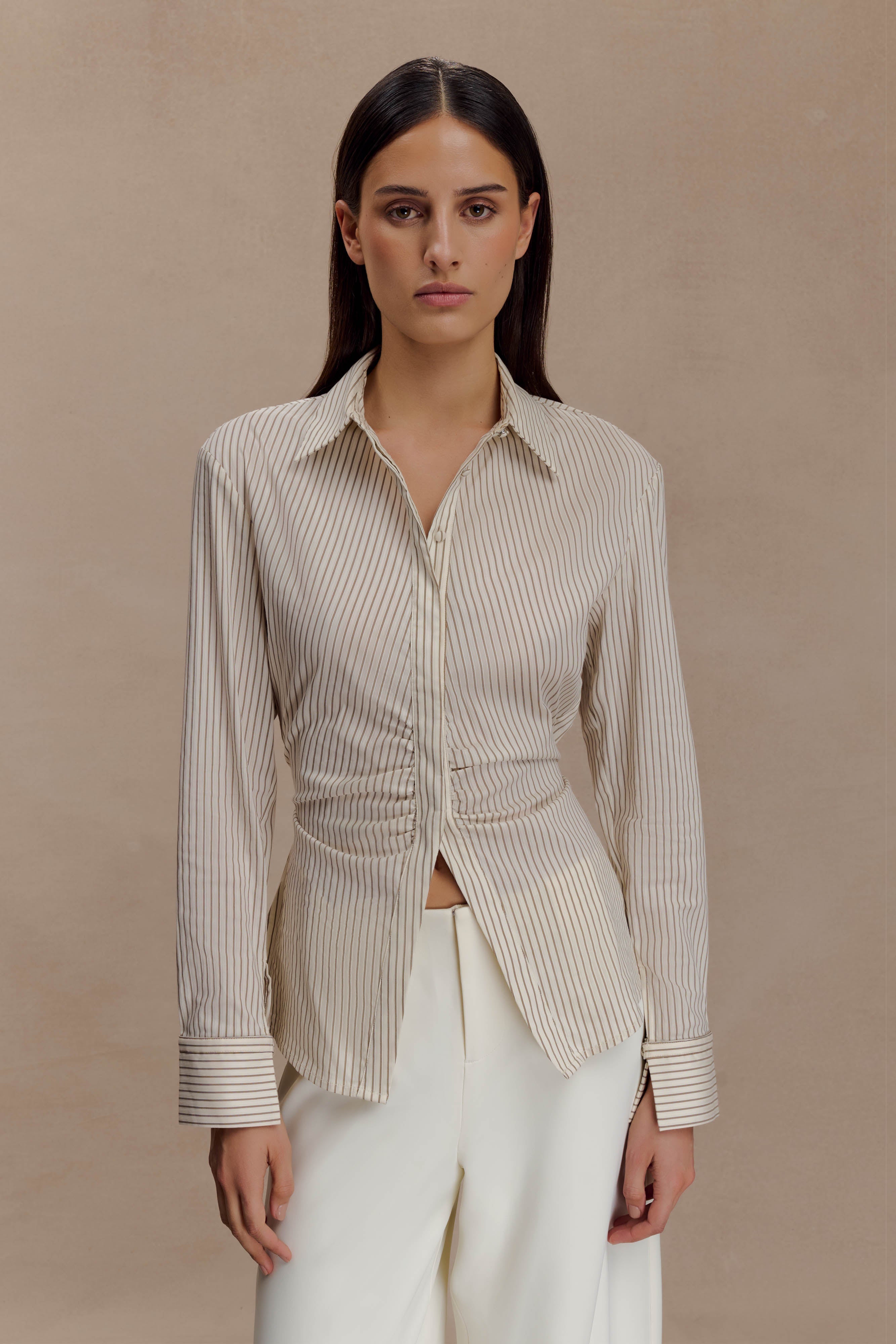 Ciedera Tie Back Cotton Shirt Beige Pinstripe