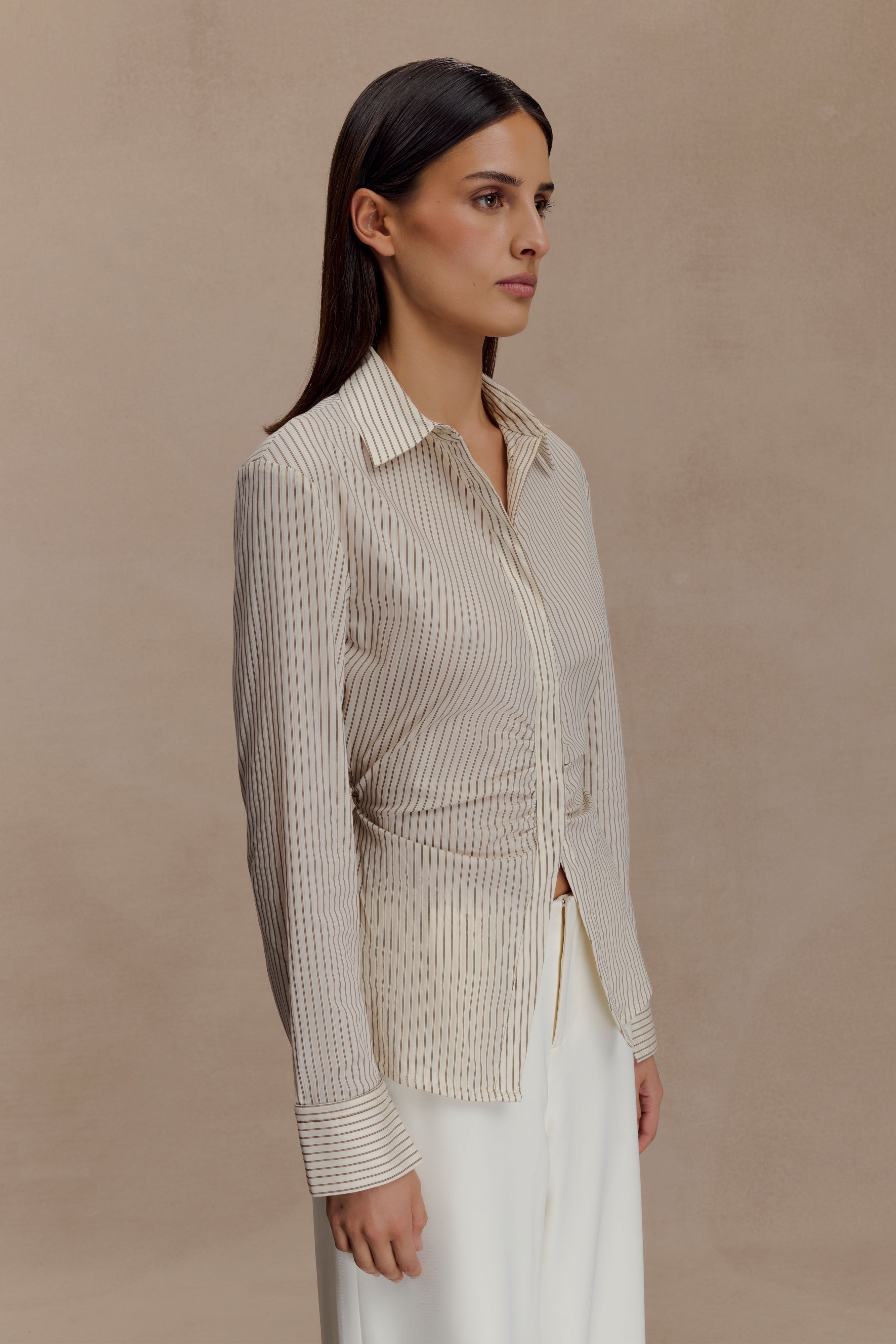 Ciedera Tie Back Cotton Shirt Beige Pinstripe