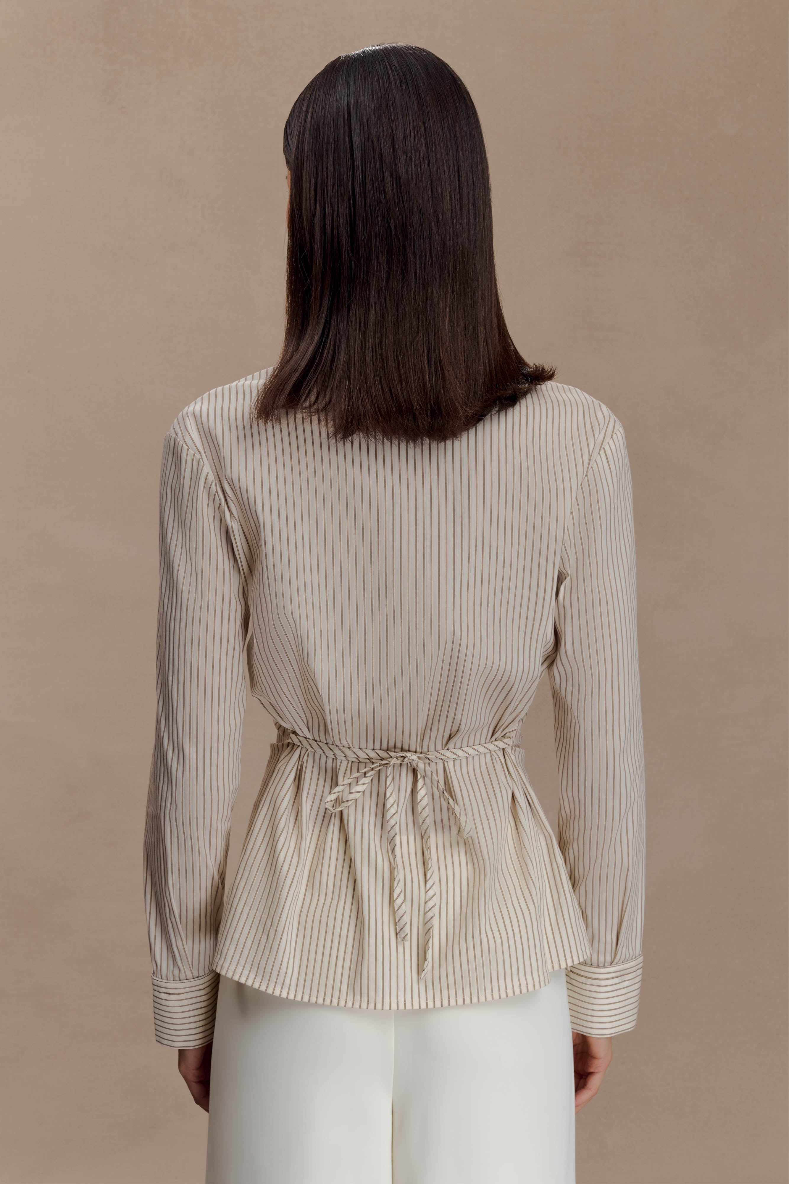 Ciedera Tie Back Cotton Shirt Beige Pinstripe