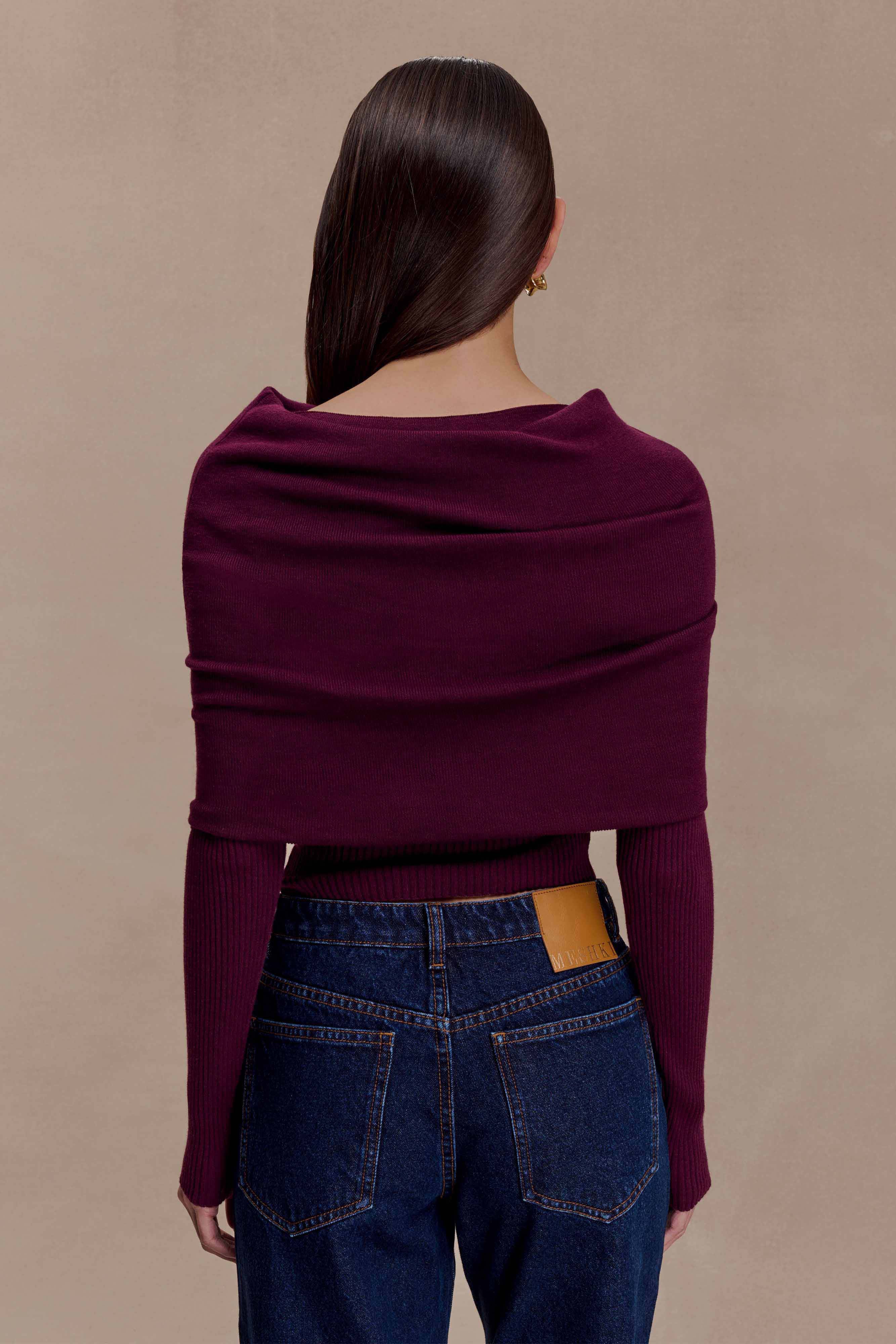 Ciedera Asymetrical Cashmere Blend Long Sleeve Knit Top Bordeaux