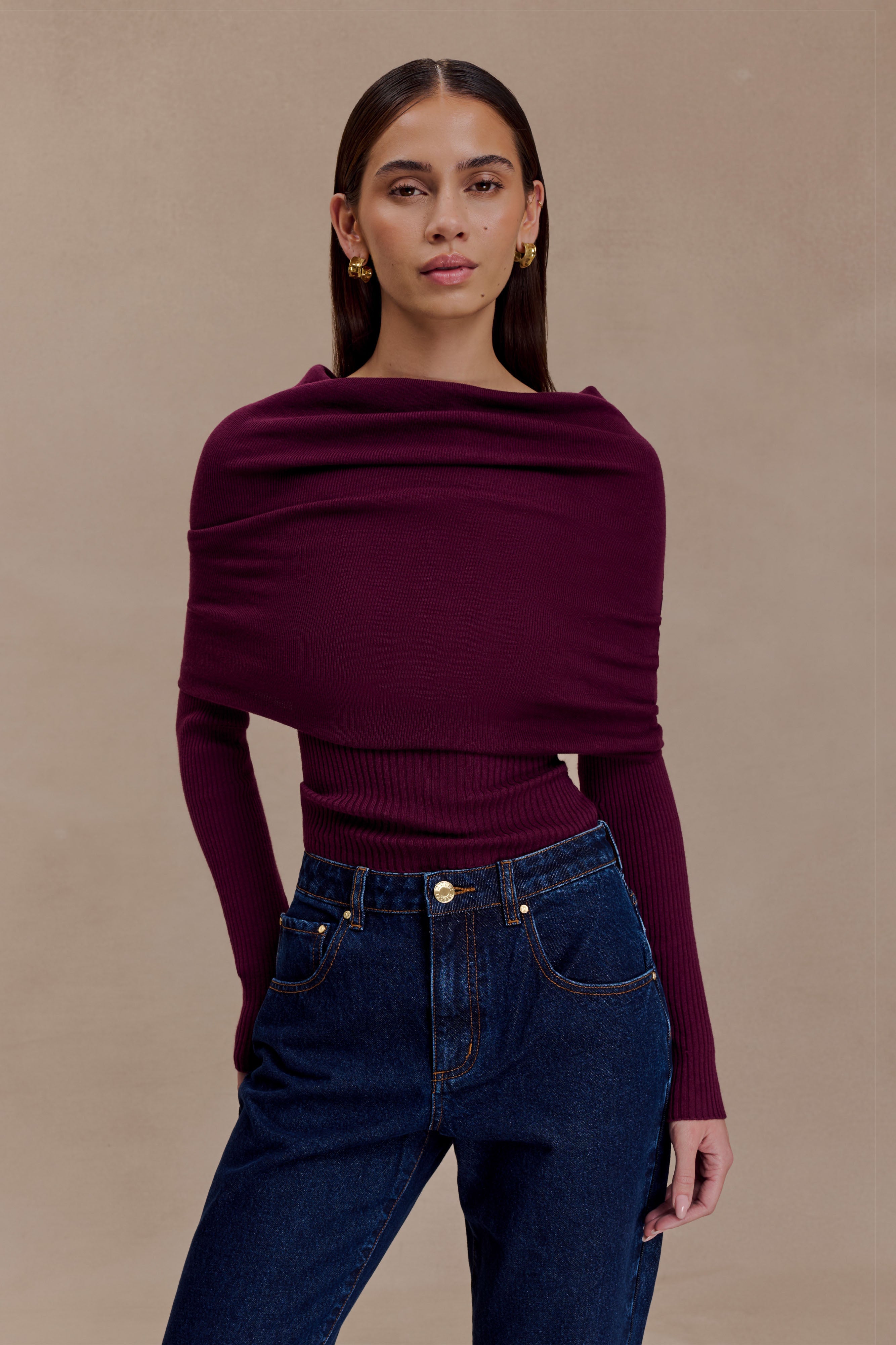 Ciedera Asymetrical Cashmere Blend Long Sleeve Knit Top Bordeaux