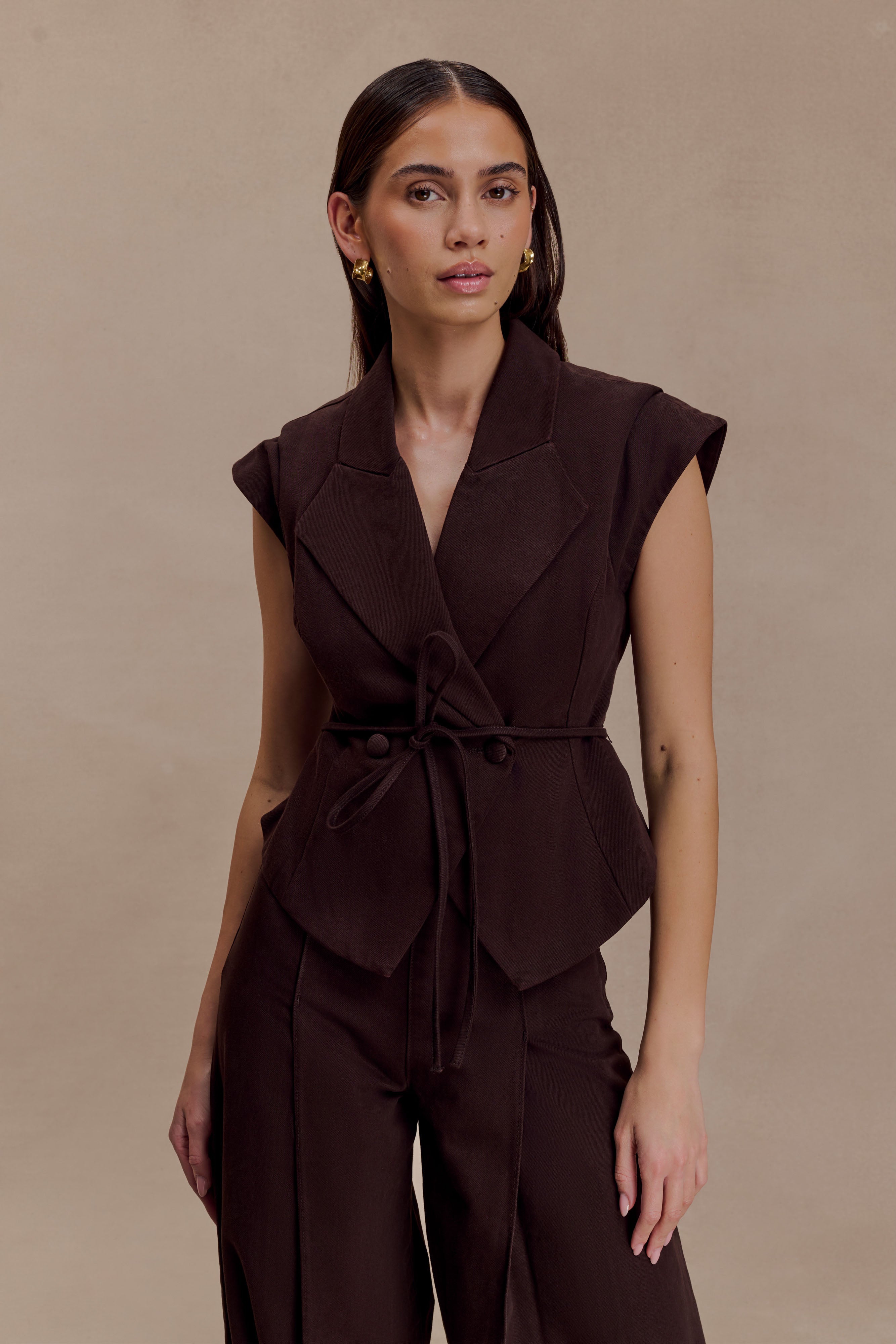 Ciedera Structured Tie Denim Top Chocolate