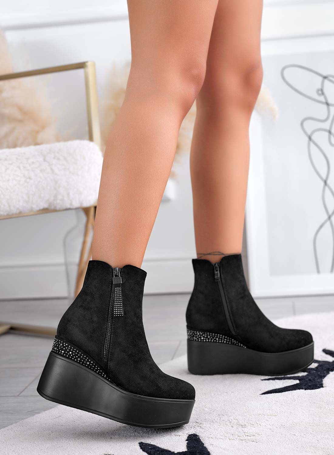 Rhinestone Wedge Ankle Boots