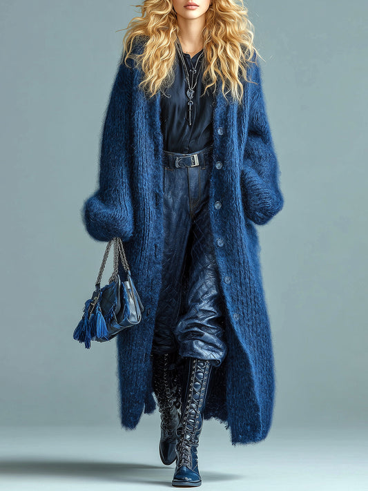 Single-breasted Longline Fuzzy Knit Cardigan