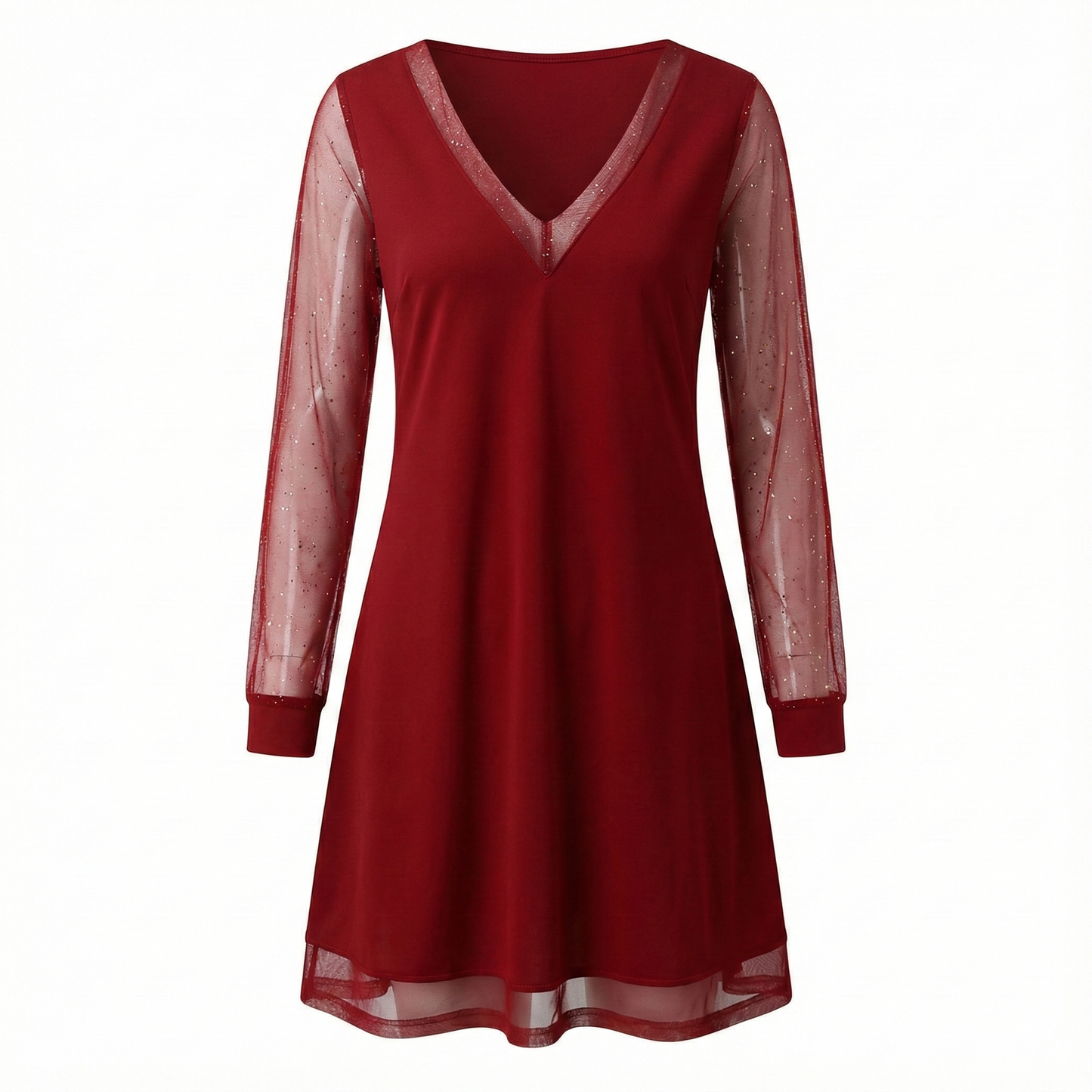 Sheer-Sleeve Sparkle Trim Dress