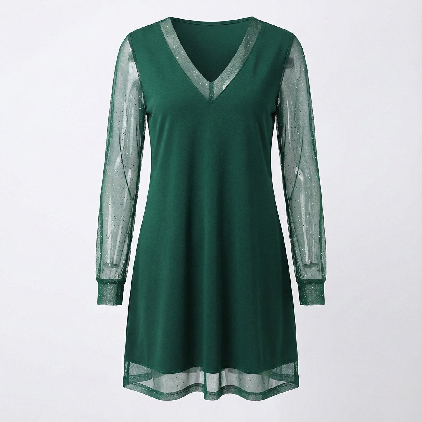 Sheer-Sleeve Sparkle Trim Dress