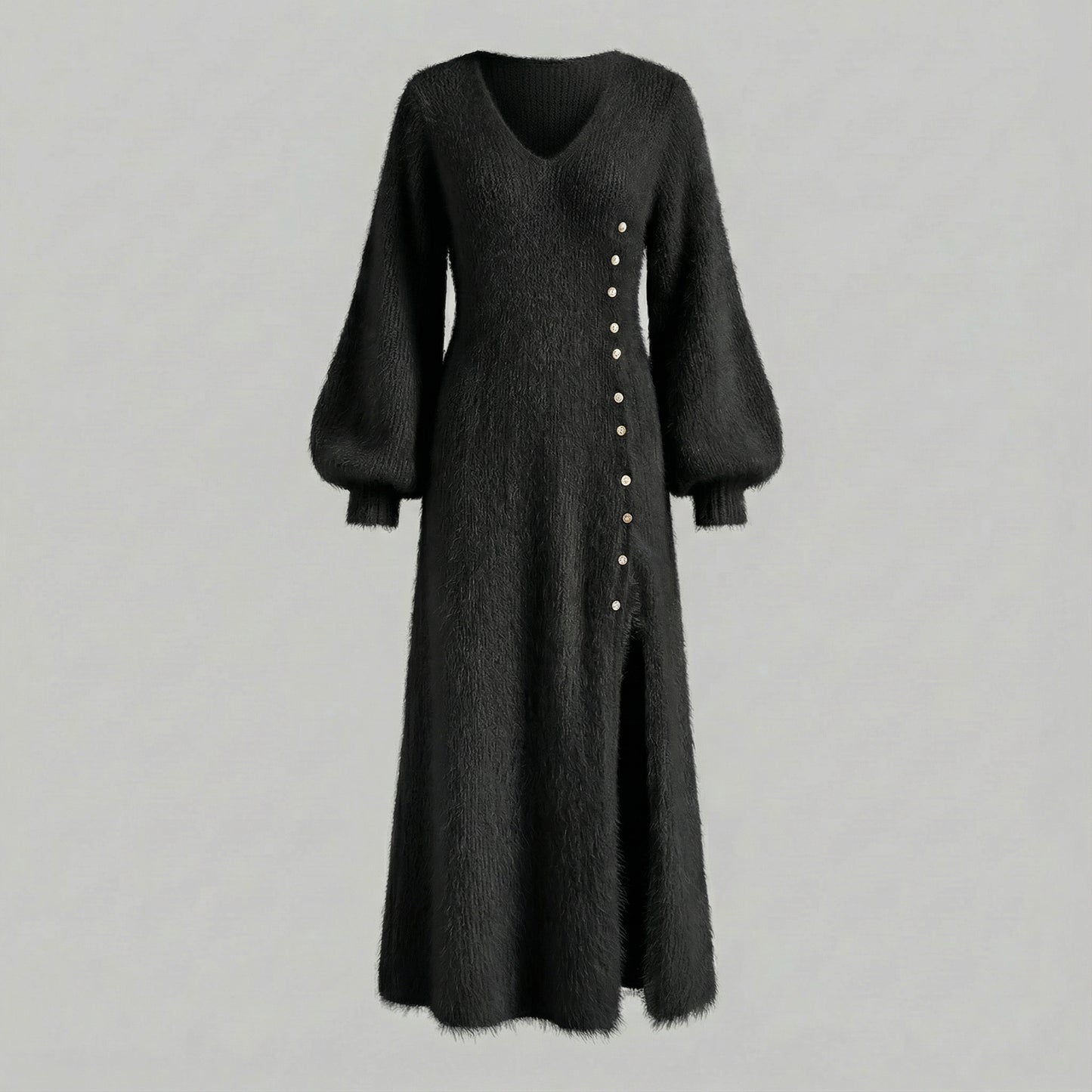 Luxe Fuzzy Button-Detail Maxi Dress