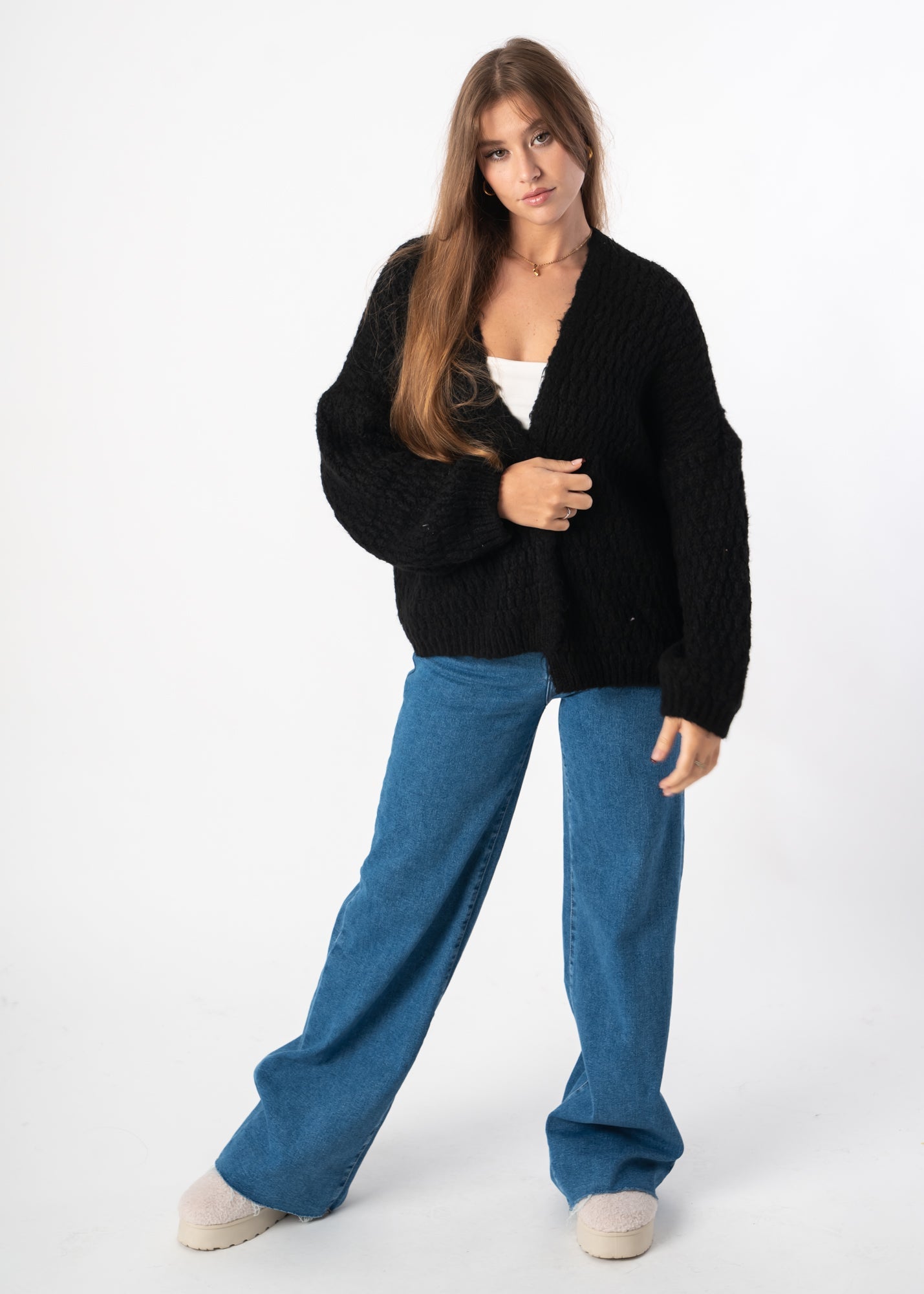 Open-Front Braided Cardigan Black