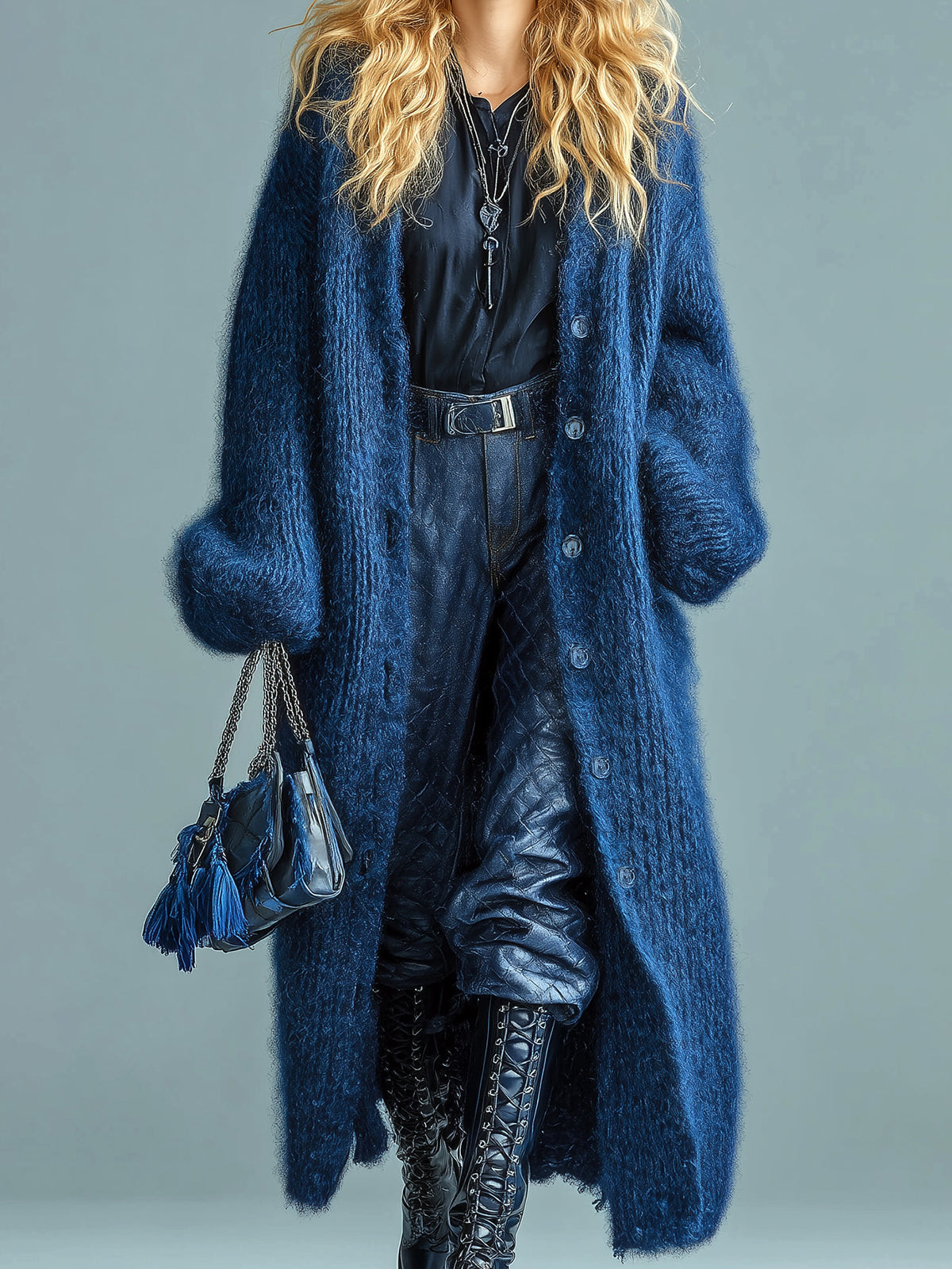 Single-breasted Longline Fuzzy Knit Cardigan