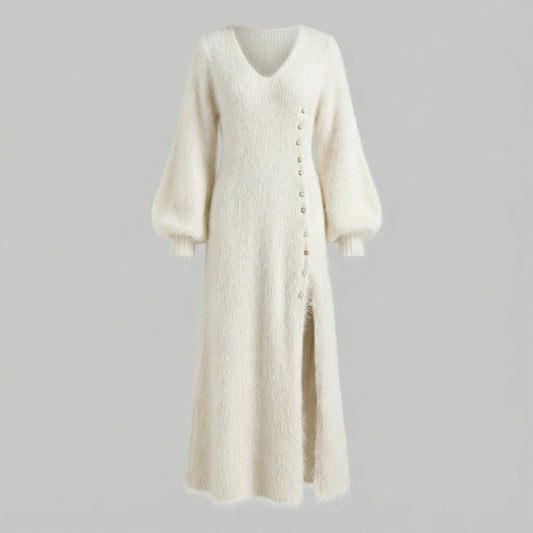 Luxe Fuzzy Button-Detail Maxi Dress