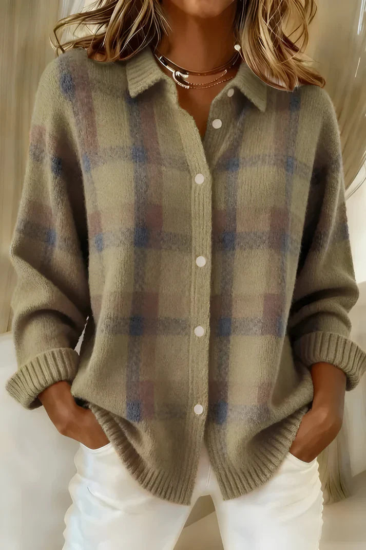 Plaid Button-Up Knit Cardigan