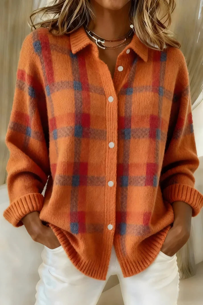 Plaid Button-Up Knit Cardigan
